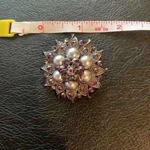 Vintage broach, grey with purple gem stones and silver pearls.